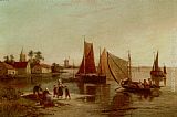Dutch Canvas Paintings - Dutch Fisherfolk Sorting The Catch